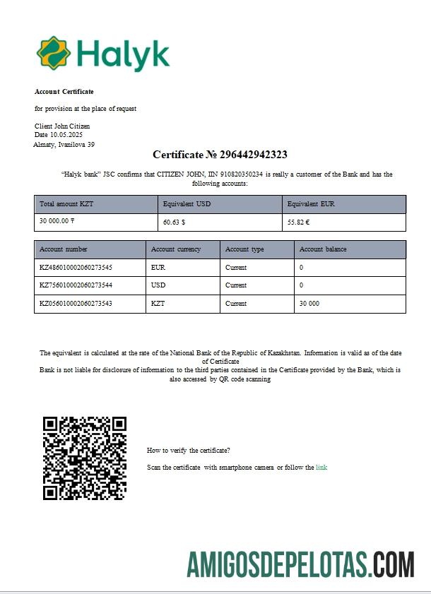 Modelo Sar de certificado de conta bancária Halik do Cazaquistão